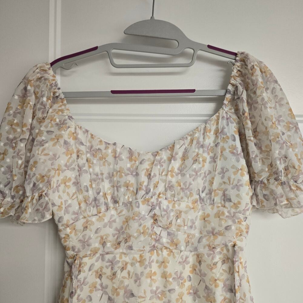 Women's Simplee Swiss Dot Floral Off the Shoulder Puff Sleeve Dress | Size Small - Picture 4 of 12